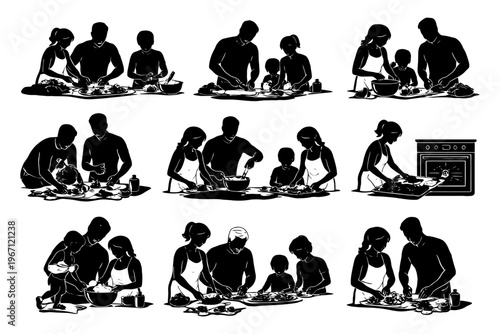 Family cooking together silhouettes: diverse families preparing meals in the kitchen.
