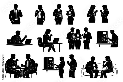 Silhouettes of professionals engaging in conversations and meetings.