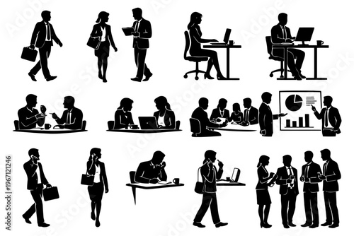 Silhouette business scenes with men and women in professional interactions.