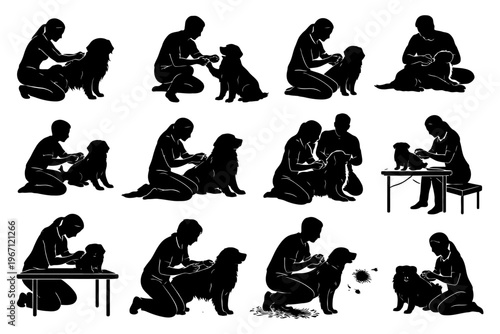 Silhouette illustrations of people grooming dogs in various poses and settings.