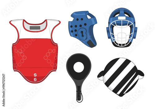 Assortment of Taekwondo protective gear and training aids