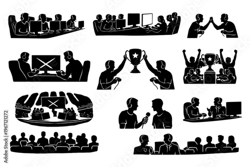 Silhouette esports tournament: teams compete and celebrate with trophies.