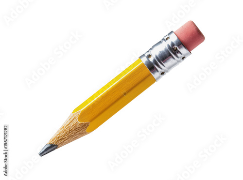 Obraz na płótnie Isolated short yellow pencil with sharpened graphite tip and pink eraser, basic