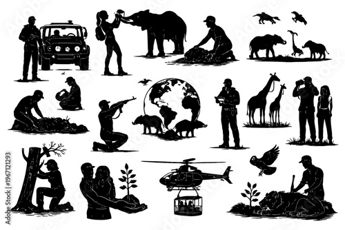 Silhouettes of wildlife conservation scenes with animals and people.