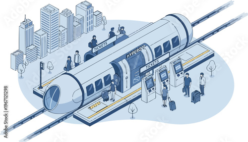 Futuristic Isometric Hyperloop High-Speed Train at Modern City Station with Passengers and Ticket Kiosks