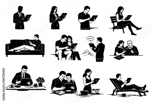 Silhouette illustrations of people using technology in everyday life.