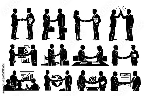 Silhouette illustrations of business interactions and partnerships.