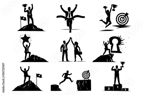 Silhouettes of success and achievement in business and sports.