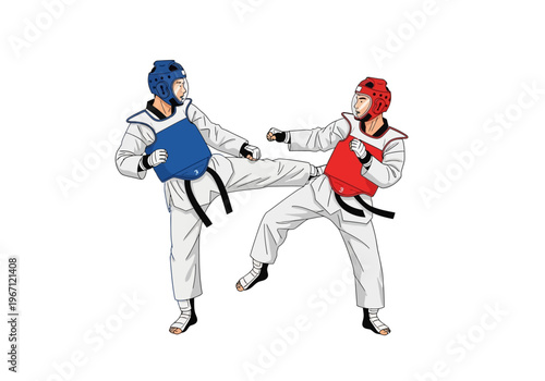 Two Taekwondo practitioners in sparring gear exchange kicks