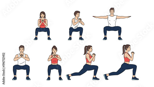 Group of people in athletic wear performing different squat and lunge exercises for fitness training, workout guides, and healthy lifestyle.