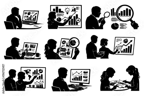 Business team analyzing graphs and charts on computers and tablets in office silhouettes.