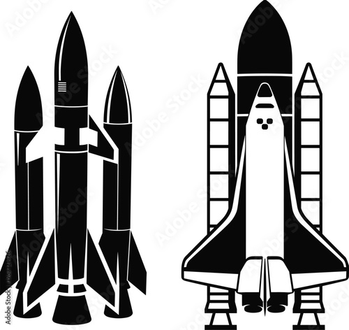 Rocket and space shuttle silhouettes isolated on white background, space exploration spacecraft illustration set for science, technology and aerospace design