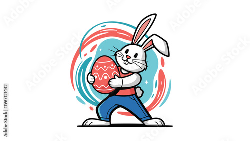 Cute white Easter bunny character in blue pants and red shirt holding a large decorated red egg against a colorful abstract background.
