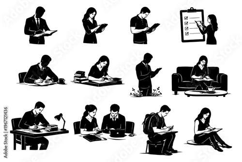 Silhouettes of people engaged in various work activities.