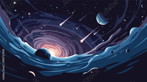 Deep space illustration featuring a black hole, glowing planets, meteors, and cosmic clouds for science fiction and astronomy concepts.
