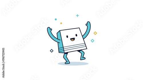 Happy white cube character with blue limbs celebrates with arms raised and a wide smile on its friendly face.