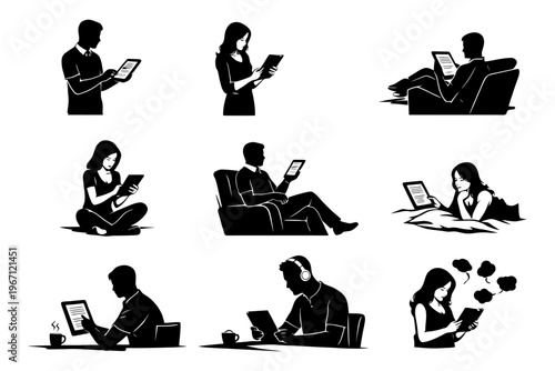Various silhouettes of people reading and using tablets in different settings.