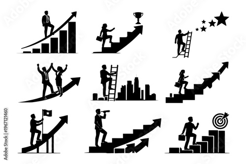 Diverse silhouettes of business success and achievement icons.
