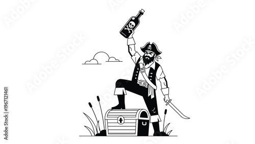 Black and white illustration of a pirate standing on a treasure chest holding a bottle of rum and a sword for adventure and fantasy themes.