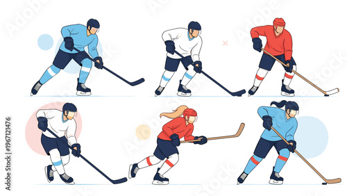 Six ice hockey players in different colored uniforms shown in action poses with sticks and skates for sports competition and team play.