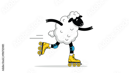 Funny black and white sheep character happily roller skating on yellow skates with blue knee pads for sports and animal humor concepts.