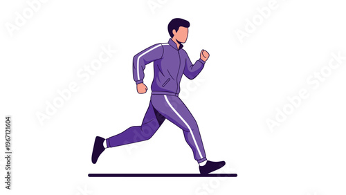 Man in a purple tracksuit is jogging or running against a plain white background for daily fitness and healthy lifestyle habits.