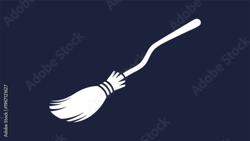 Traditional witch broomstick is depicted in a white silhouette style against a dark navy blue background for various halloween themes.