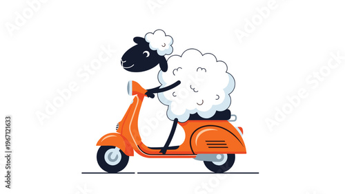 Cartoon sheep with fluffy white wool is riding a bright orange motor scooter in a fun, creative, and whimsical illustration.