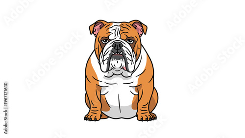 English bulldog with tan and white fur sits directly facing the viewer with its characteristic grumpy but cute facial expression.