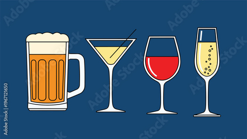 Collection of four different types of alcoholic drinks including beer, martini, red wine, and bubbly champagne in various glasses.