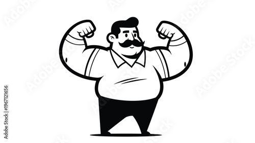 Strong muscular man with a large black mustache is flexing his biceps in a classic bodybuilding pose to represent physical strength.