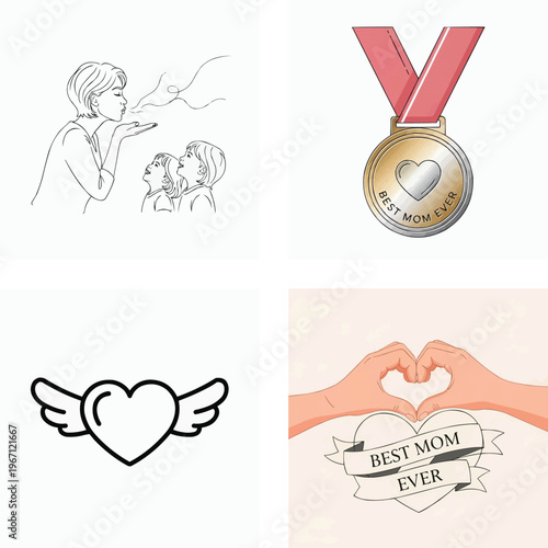 Mothers day themed illustrations with hearts and best mom ever messages