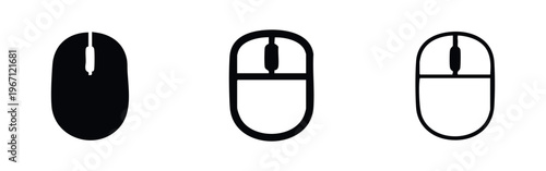 Computer mouse icon set with detailed scroll wheel. Solid, outline, and thin line versions. Vector input device illustration.