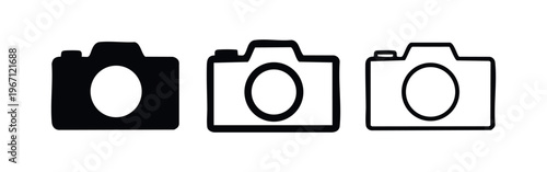 Camera icon set. Three styles: solid, outline, and thin line. Vector illustration of a photo camera for photography.