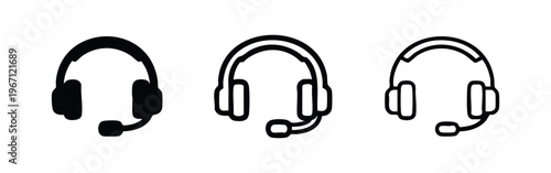 Headset with microphone icons. Three styles: solid, outline, and thin line. Vector illustration for audio and communication.