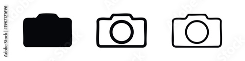 Stylized camera icon set. Three variations: solid, outline, and thin line. Vector illustration for photography applications.