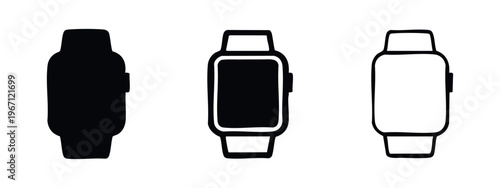 Stylized smartwatch icon set. Three styles: solid, outline, and thin line. Vector illustration of modern wearable device.