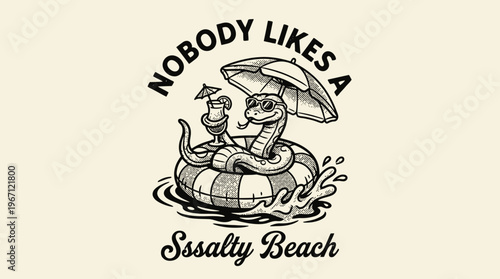 Cartoon snake on inflatable raft.