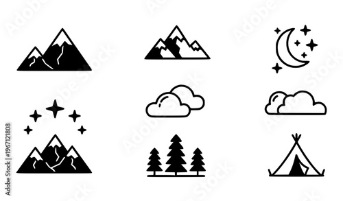 Mountain night elements black and white vector set with peaks moon stars and forest in minimal outline icon style