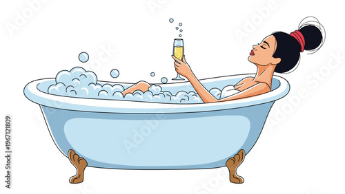 Relaxed woman is enjoying a luxurious bubble bath while holding a glass of champagne in a peaceful and quiet bathroom setting.
