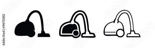 Canister Vacuum Cleaner Appliance Icon Set, Home Cleaning Equipment Symbols, Domestic Dust Removal Black and White Icons