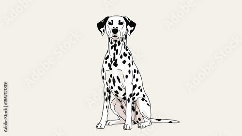 Spotted dalmatian dog is sitting upright looking alert and elegant against a warm off-white background for pet breed promotion.