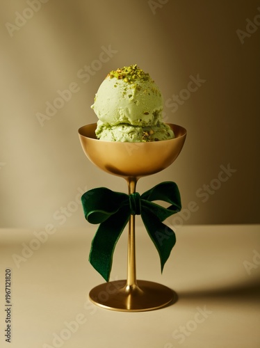 Single perfect scoop of muted sage green pistachio ice cream served in a gold bowl with a green ribbon, set against a neutral background