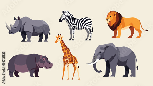 Group of iconic African wild animals including a rhino, zebra, lion, hippo, giraffe, and elephant are illustrated for education.