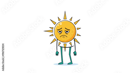 Personified yellow sun character has a sad or disappointed facial expression and is standing in a slumped and tired posture.