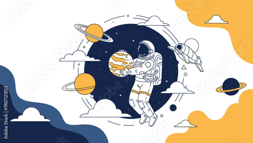 Astronaut is floating in outer space holding a small planet surrounded by stars, other planets, and various cosmic elements.