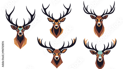 Set of five stylized deer or stag head trophies with large antlers are shown in different colors and patterns for modern design.