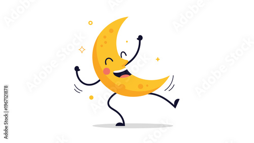 Smiling crescent moon character with arms and legs is dancing happily among stars in a magical and peaceful night sky scene.