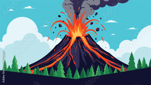 Large volcano is erupting with hot orange lava and thick grey smoke in a dramatic landscape with green pine trees and blue sky.