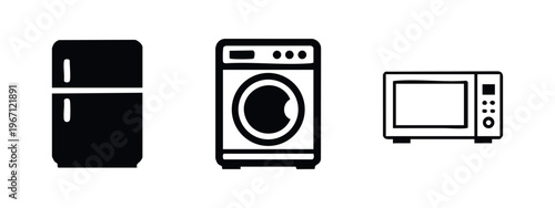 Household Appliances Icons Set with Refrigerator, Washing Machine, and Microwave Oven